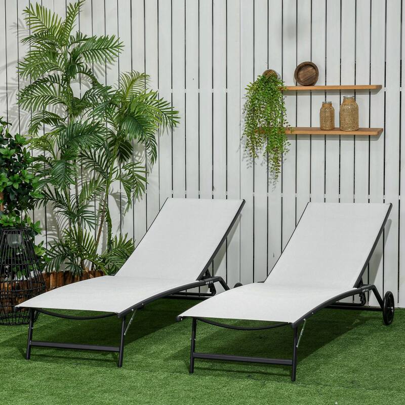 Outsunny Patio Chaise Lounge Chair Set of 2, 2 Piece Outdoor Recliner with Wheels, 5 Level Adjustable Backrest
