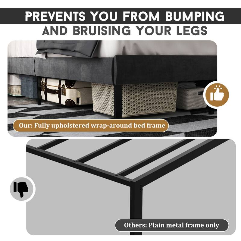 Full Size Upholstered Platform Bed Frame - With Headboard, No Box Spring Needed, 14" Underbed Storage​