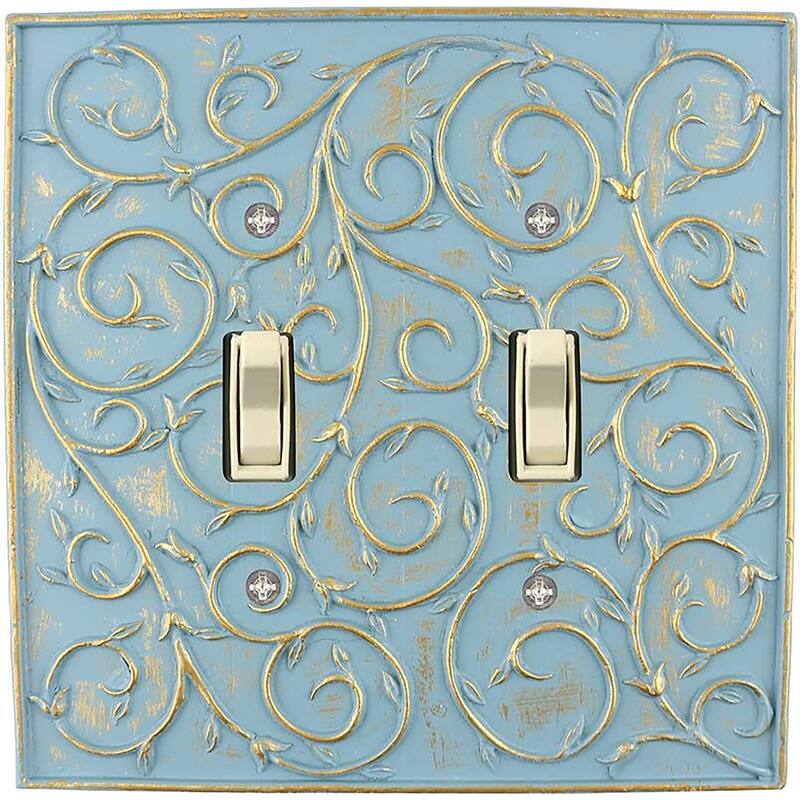 Meriville French Scroll 2 Toggle Wallplate, Double Switch Electrical Cover Plate - Cameo Blue With Gold