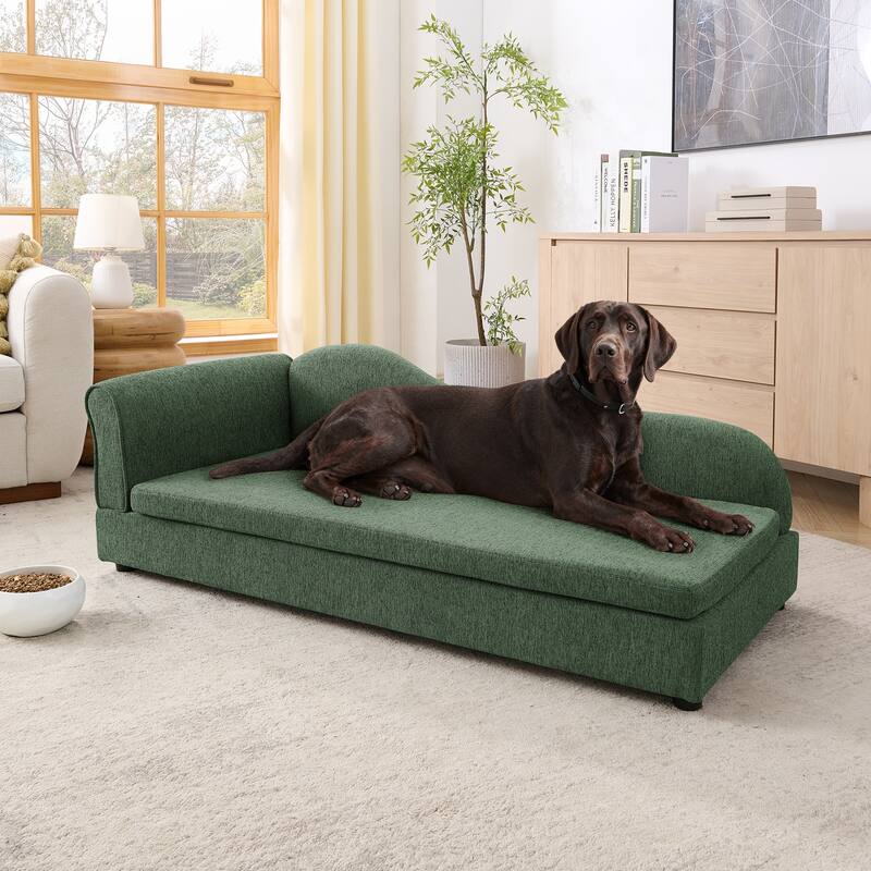 Oversized Pet Sofa, Elegant Modern Linen Fabric Elevated Dog Sofa Bed, Oversized Rectangular Pet Bed with Backrest & Armrest - Green