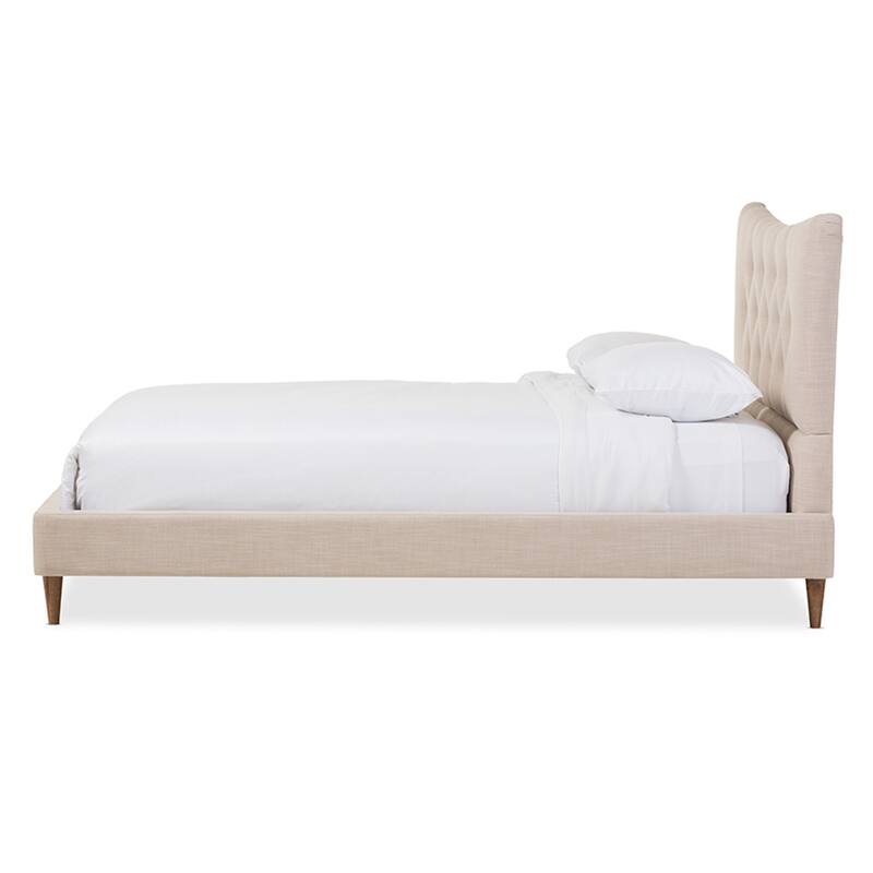 Mid-Century Modern Platform Bed - Rubberwood Frame, Beige Finish, Stylish Bedroom Furniture