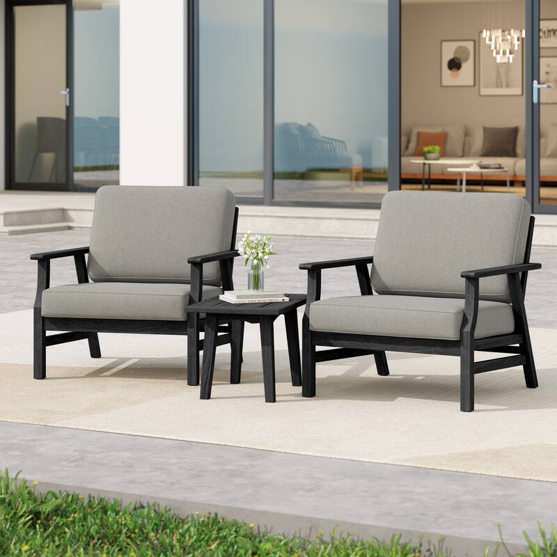 3 Piece Wood Patio Armchair Outdoor Bistro Set with Side Table - Light Camel-Dark Wood