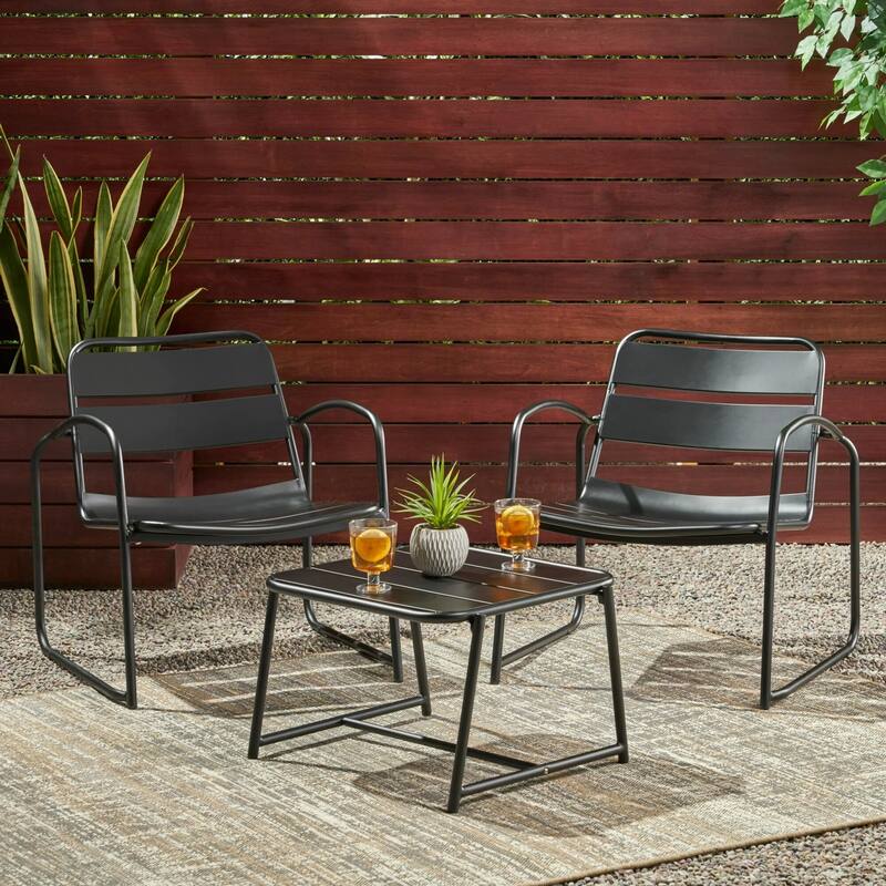 Roomfitters Outdoor Chat Set 3 Piece Metal Conversation Seating Slat Design Iron Chairs