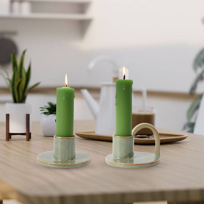 Set of Two Elise Short Ceramic Candlesticks in Avocado Green