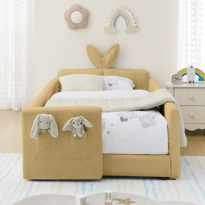 Twin Upholstered Platform Bed with Bunny Ear Headboard, Safety Rail & Pocket in Boucle Fabric