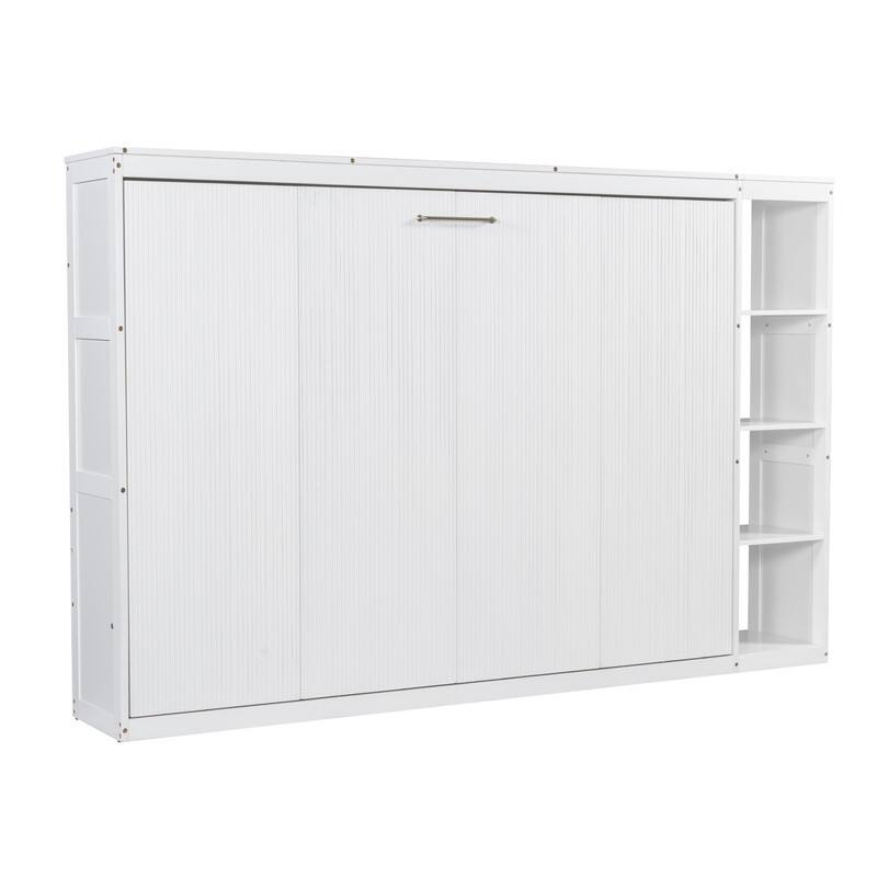 Full Size Murphy Bed with Bookshelf, Foldable Bed Frame with Storage Shelves, Wooden Cabinet Bed with Handle