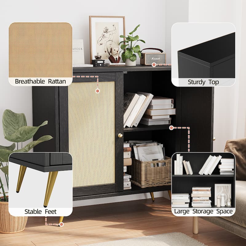 Farmhouse Rattan Storage Cabinet, Natural Buffet Sideboard - N/A