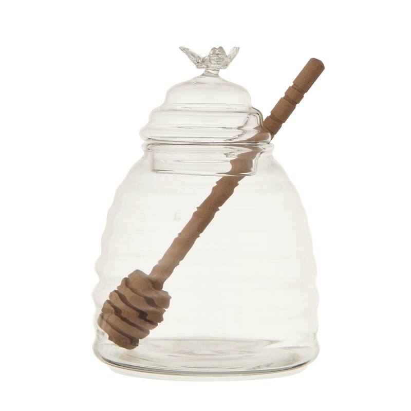 Clear Honey Pot with Lid & Bamboo Dipper (Set of 2 Pieces)