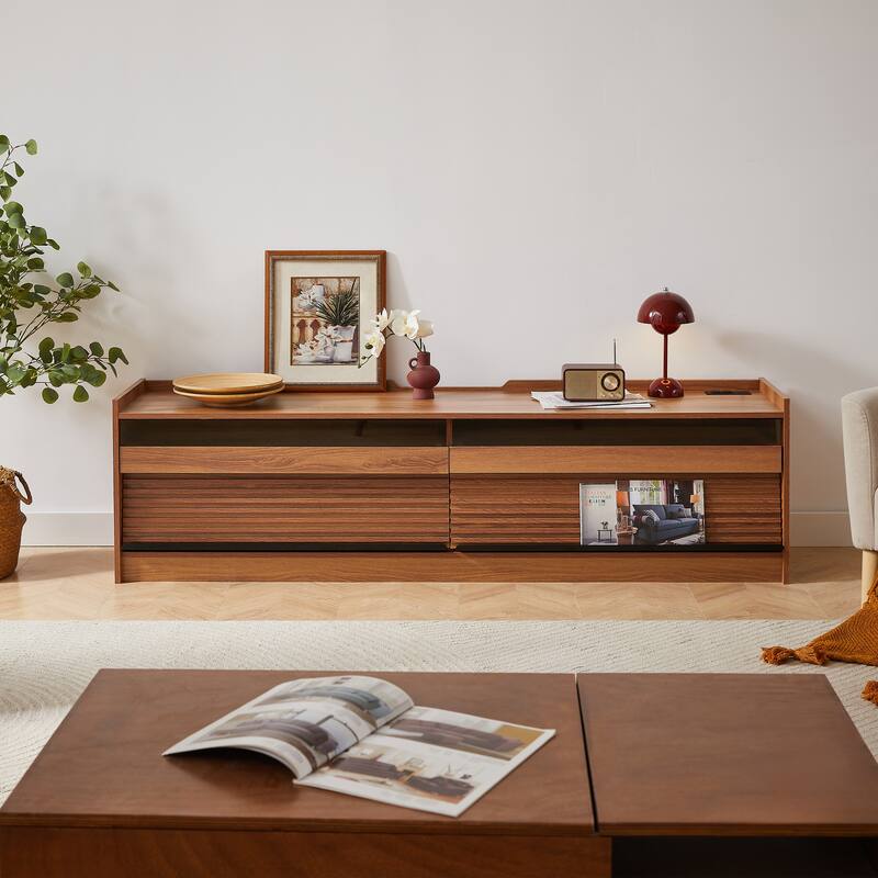 68.9" TV Stand with Glass Front Drawers and LED Charging Station
