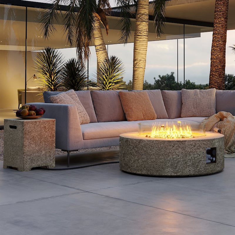 Patio Watcher 42in. Outdoor Round Magnesium Oxide Fire Pit Table with Gas Tank Cover and Wind Guard