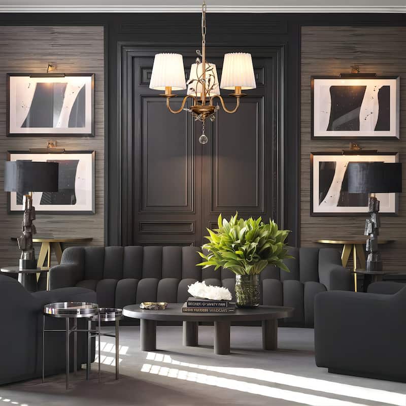 3-Light Vintage Antique Brushed Gold White Fabric Pleated Shades Chandelier with Crystal Ornament for Living Room, Dinning Room