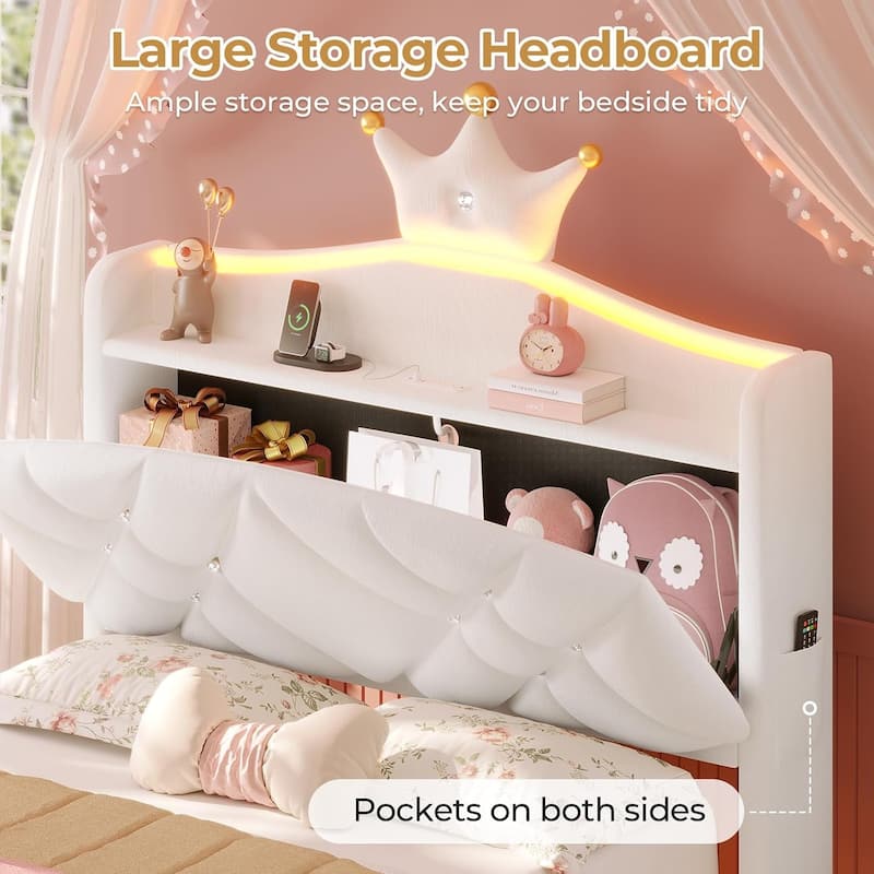 Princess Upholstered Bed with Headboard Charging Station Crystal Button Crown