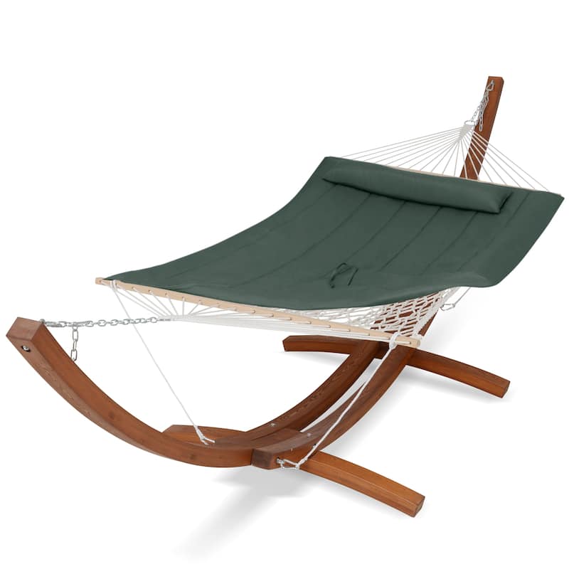Rope Hammock with 13.5ft Wooden Stand and Removable Pad - Dark Green
