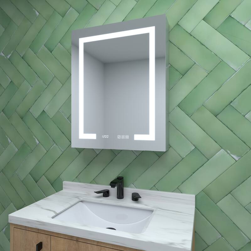 Rectangular Aluminum Recessed/Surface Mount Medicine Cabinet in Silver with Mirror LED and Clock