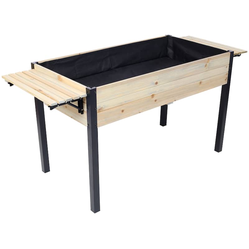 Wood Planter Boxes Raised Garden Bed with Folding Storage Shelf Metal Leg and Modular Bottom Pads for Outdoor Patio Deck