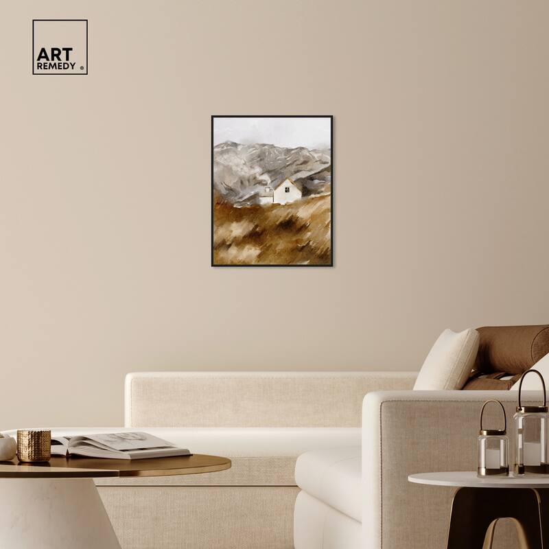 Art Remedy House In The Mountains Framed Landscape 1 Piece Canvas Wall Art Watercolor Style