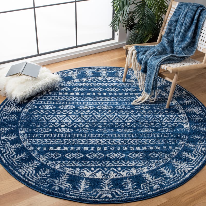 SAFAVIEH Tulum Luna Moroccan Boho Rug - 6'7" Round - Navy/Grey