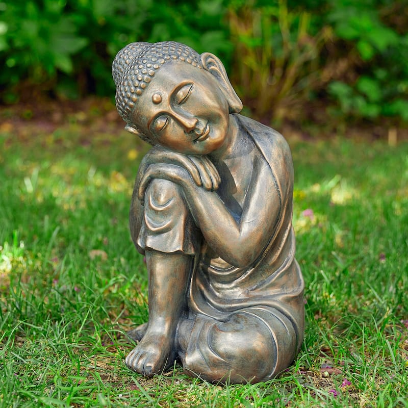 Glitzhome MGO Faux Bronze Buddha Garden Statue Monk Sculpture Indoor Outdoor Decor Gifts - Resting Buddha
