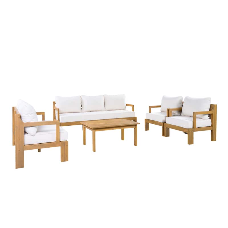 Christopher Knight Home - Modern 3-Piece Acacia Wood Outdoor Sectional Set with 3-Seater Sofa, Loveseat & Coffee Table