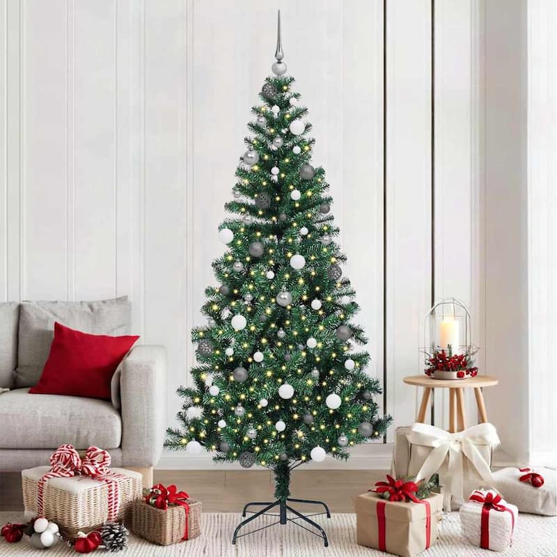vidaXL Artificial Pre-lit Christmas Tree Green PVC and Metal - Green with LEDs &white/grey balls - 7 Foot