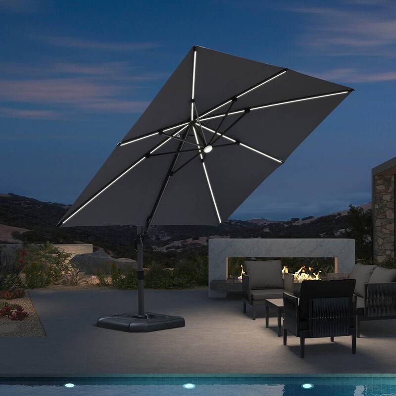 PURPLE LEAF 10 ft Square 360 Degree Rotation Patio Cantilever Umbrella - Light Grey-with Light