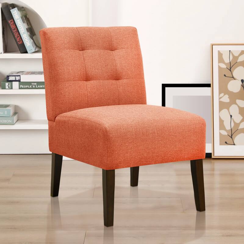 Orange Modern Armless Accent Chair - Tufted Upholstery, Wood Legs, Pin Back, Multi-Scene Fabric Side Chair