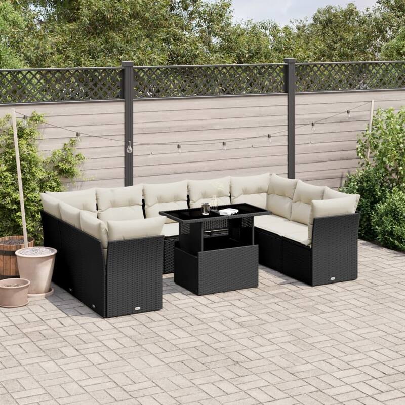 vidaXL Patio Sofa Set with Cushions Outdoor Furniture 10 Piece Poly Rattan - 21.7 x 39.4 x 28.7 in - Black and cream without storage