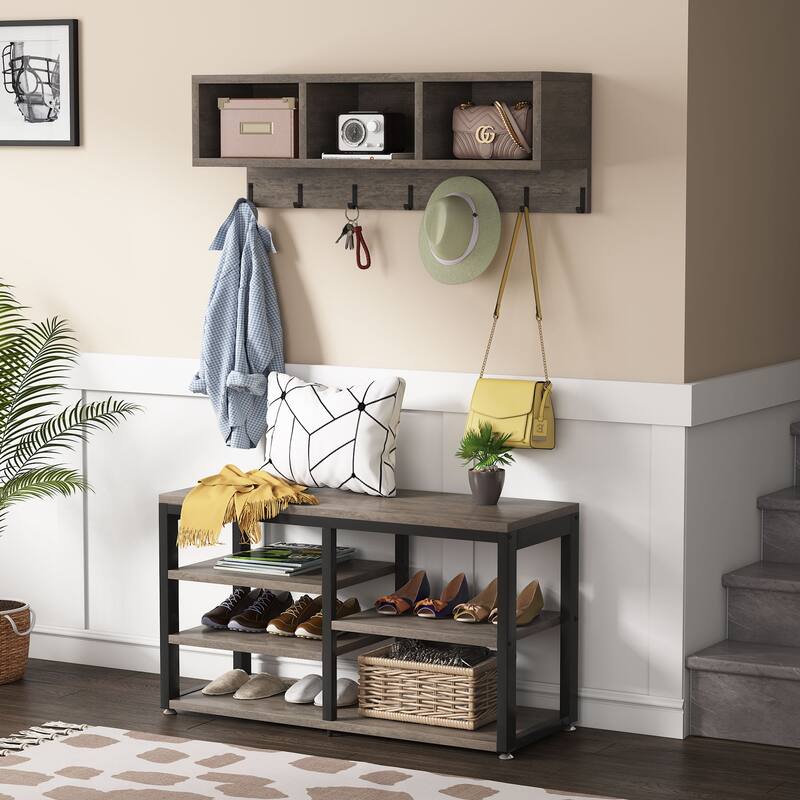 Hall Tree with Bench, Shoe Storage, Shelves and Coat Rack