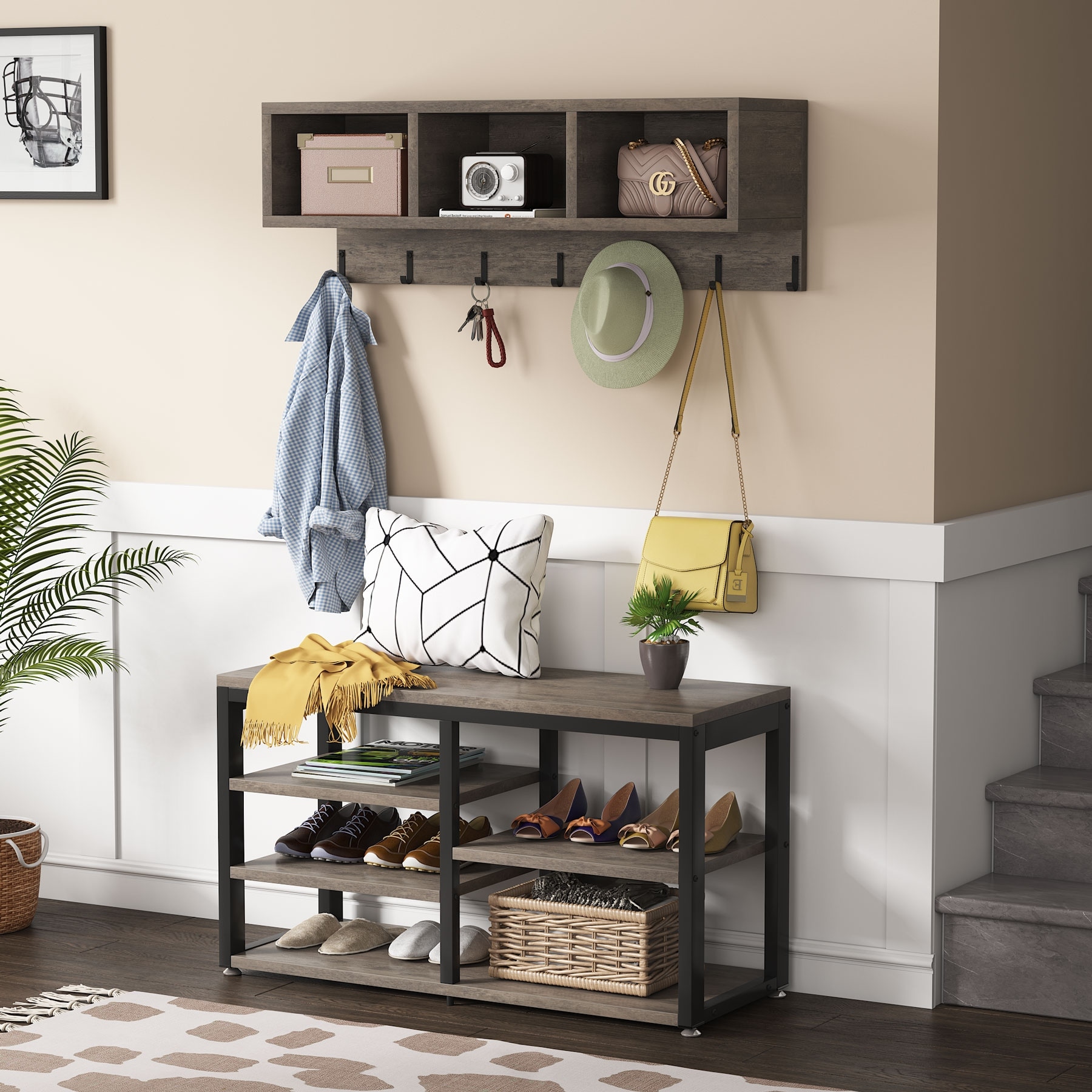 Entryway Coat Rack Shoe Bench Set Industrial Hall Tree Coat Shoe