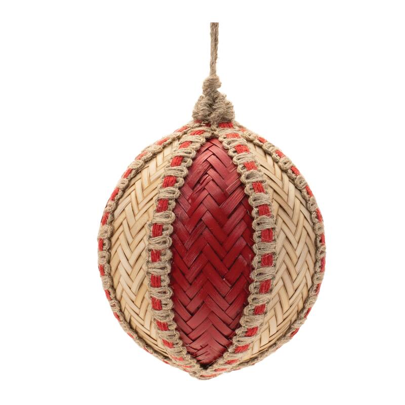 Woven Bamboo Christmas Ball Ornaments - 4" - Red and Beige - 4ct