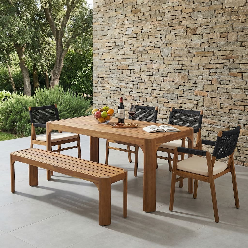 Christopher Knight Home - Outdoor Acacia Wood 6-Piece Dining Table Set with Woven Back Chairs, Bench and Slatted Rectangle Table