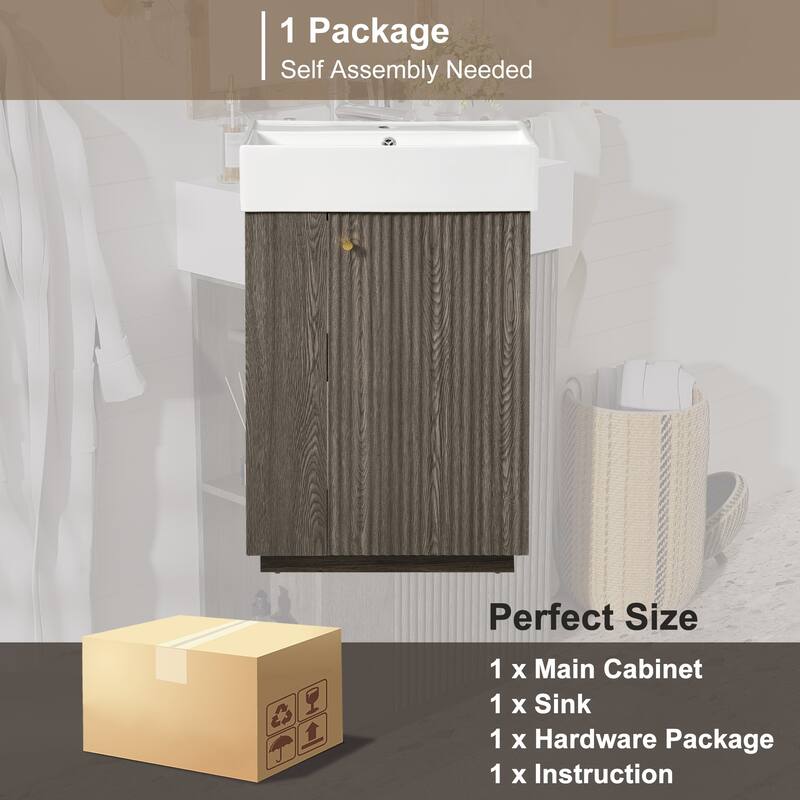 22" Bathroom Vanity with Ceramic Sink - Freestanding Modern Wood Grain Cabinet, Open & Closed Storage for Small Bathrooms