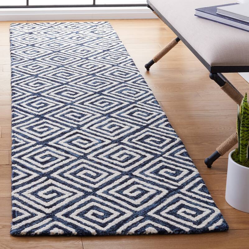 SAFAVIEH Handmade Metro Wencke Geometric Wool Rug - 2'3" x 9' Runner - Navy/Ivory