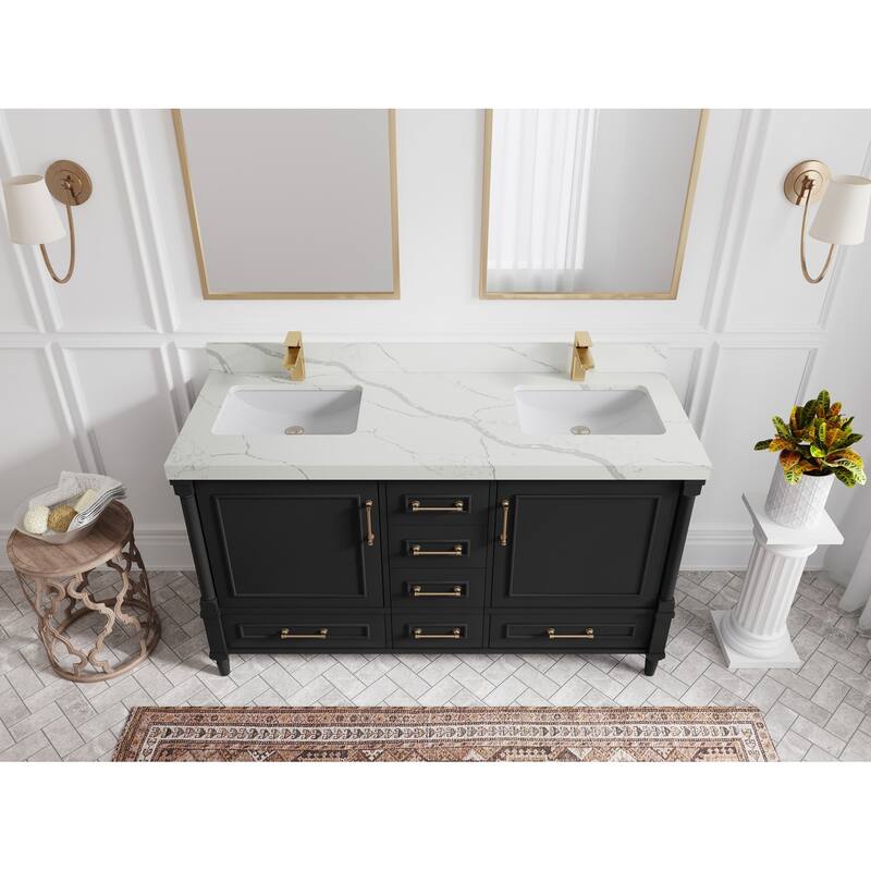 Willow Collections 60 in. W x 22 in. D Aberdeen Double Sink Bathroom Vanity with Countertop - 2" Calacatta Laza - Black