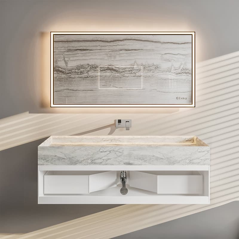 Eviva Fritti 36"W White Wall Mount Bath Vanity with Carrara Marble Top