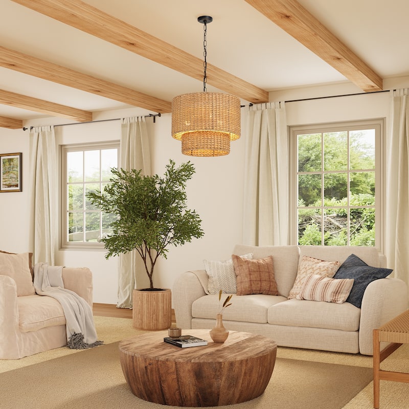 3-Light Hand-Woven Rattan Pendant Light with Adjustable Height