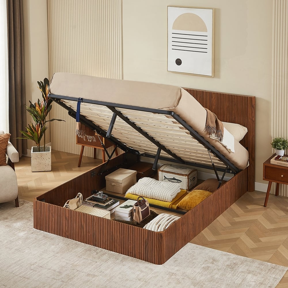 Wooden corrugated curved lines Lift Up Storage Bed Frame with Hydraulic Storage