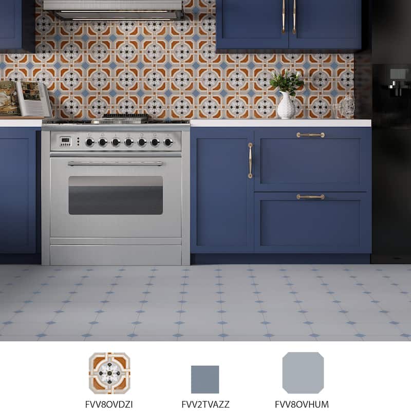 Merola Tile Vaudeville Octagon Deco Zimer with Taco Azzuro 7-7/8" x 7-7/8" Porcelain Floor and Wall Tile