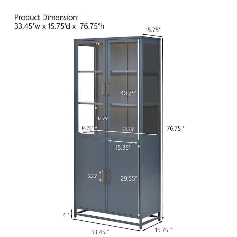 76.75 Inch Glass Display Cabinet with LED Lights, 3 Sided Tempered Glass Steel Curio Cabinet with Double Doors