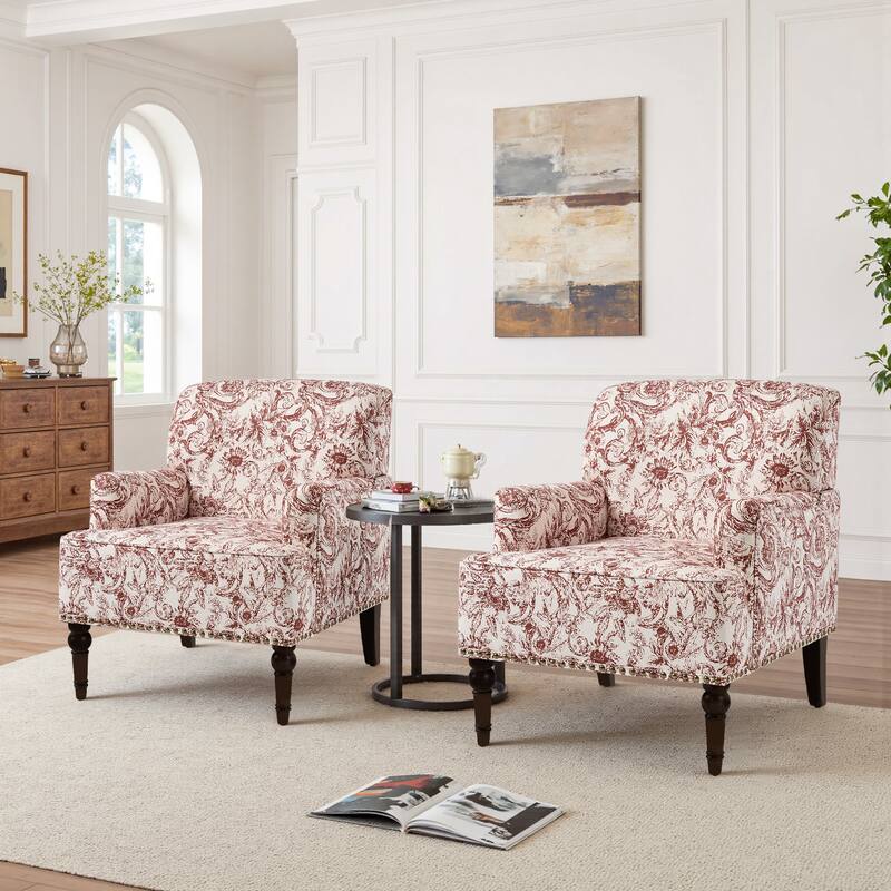 Set 2 Striped Upholstered Linen Armchair with Brass Nailhead Trim