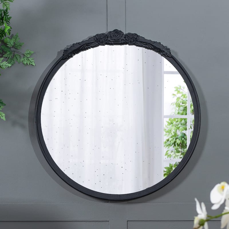 Round Hand Carved Rose Antique Wall Mirror - Black