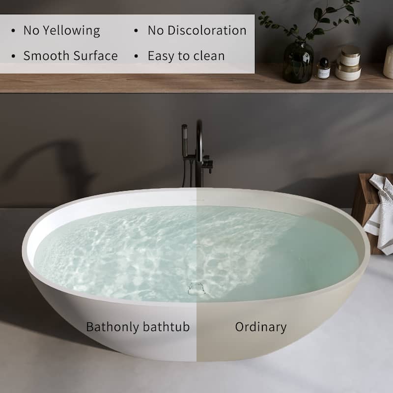 Premium Solid Surface Freestanding Soaking Bathtub with Center Drain and Pop-up Drain, Modern Matte White Tub with Overflow - 55.00 in. x 29.50 in. x 22.00 - Matte White