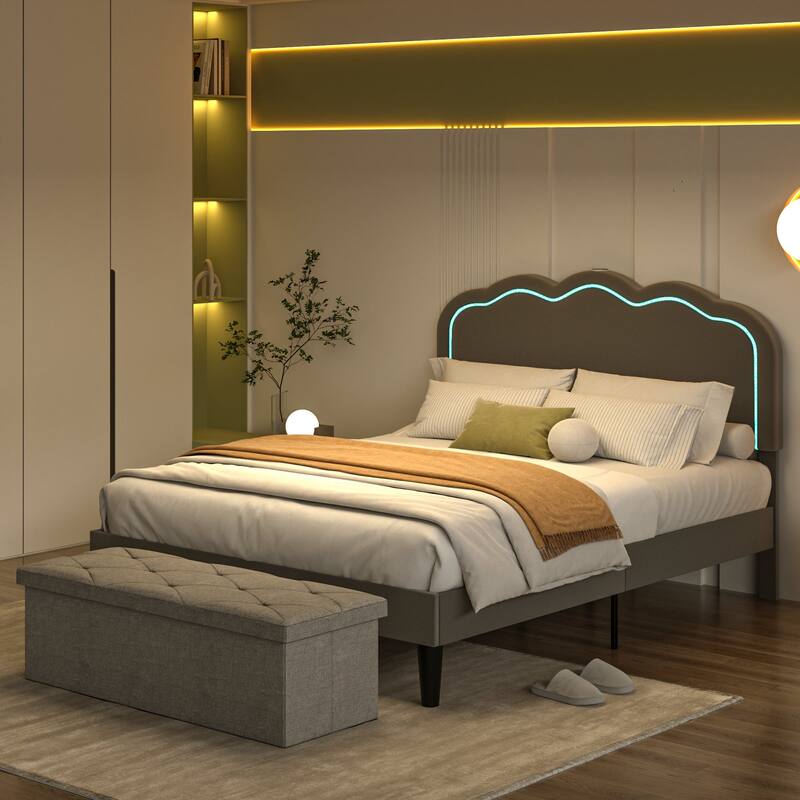 VECELO Upholstered Bed Frames with Headboard & LED Lights and Storage Ottoman (Set of 2),Bedroom Set