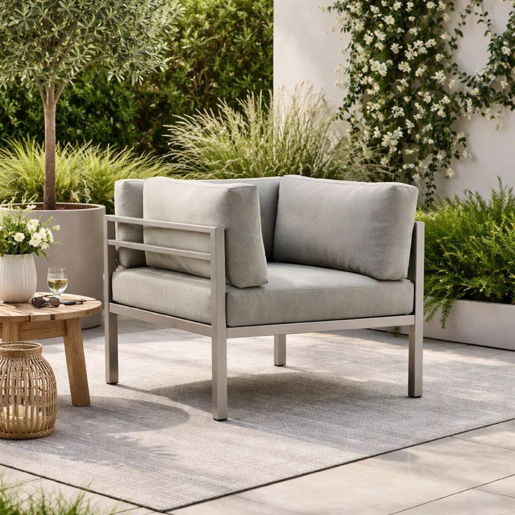 Cilo 34 Inch Outdoor Armchair, Gray Aluminum, Water Resistant Cushions