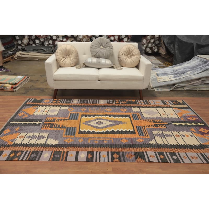 Hand Woven Oriental 100% Wool Carpet Southwestern Tribal Purples Kilim Area Rug - 8' 4'' X 5' 1''