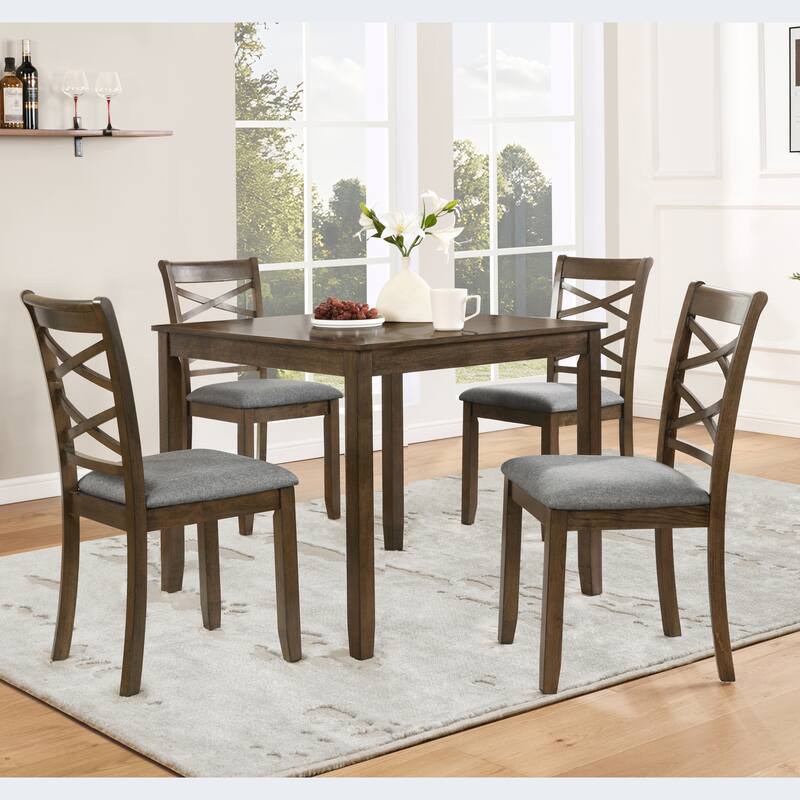 5 Piece Wooden Kitchen Table Set with Square Table and 4 Flat X Backrest Upholstered Chairs, Modern Style Wooden Table Set - Walnut+Brown