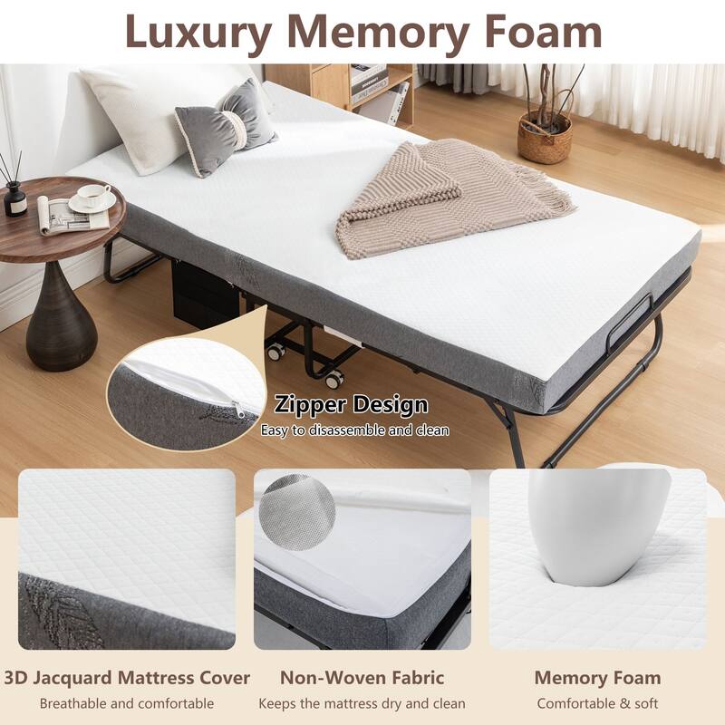 Portable Folding Guest Bed with Mattress, Rollaway Cot on Wheels, 31–45 Inch Sizes