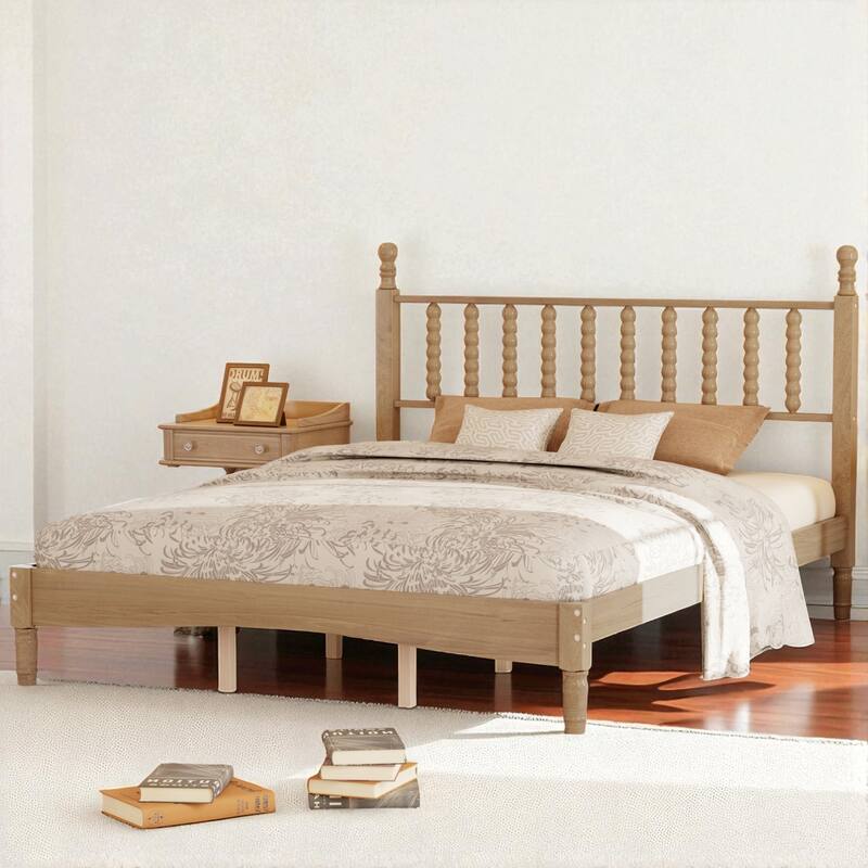 Queen Size Retro Wood Platform Bed with Gourd Shaped Headboard and Wooden Slats