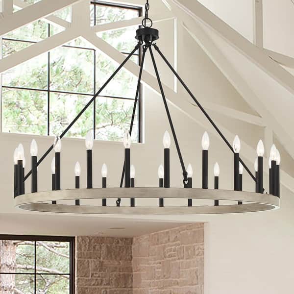 slide 2 of 13, Acroma 24-light 47In Modern Farmhouse Large Wagon Wheel Chandelier - 47 inches Driftwood