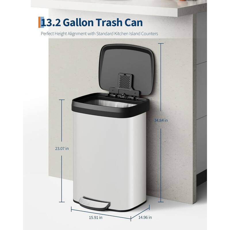 13 Gal Step-on Stainless Steel Trash Can with Soft-Close Lid for Home, Kitchen, Office